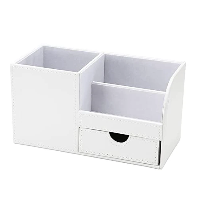 Alt view image 6 of 6 - Desk Organizer Office Supplies Caddy Pu Leather Multi-function Storage Box Pen/Pencil,Cell phone, Business Name Cards Remote Control Holder with Small Drawer Black