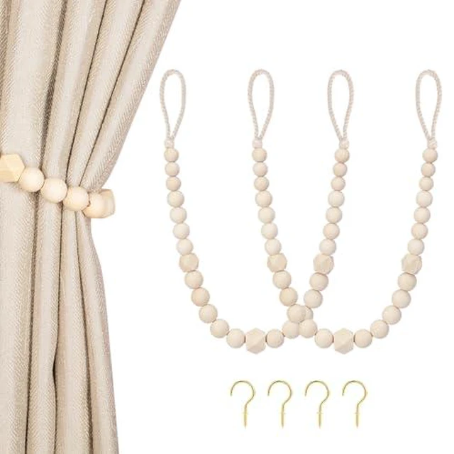 Alt view image 2 of 6 - Wood Bead Curtain Tiebacks, 2 Pack Curtain Tie Backs with Hooks