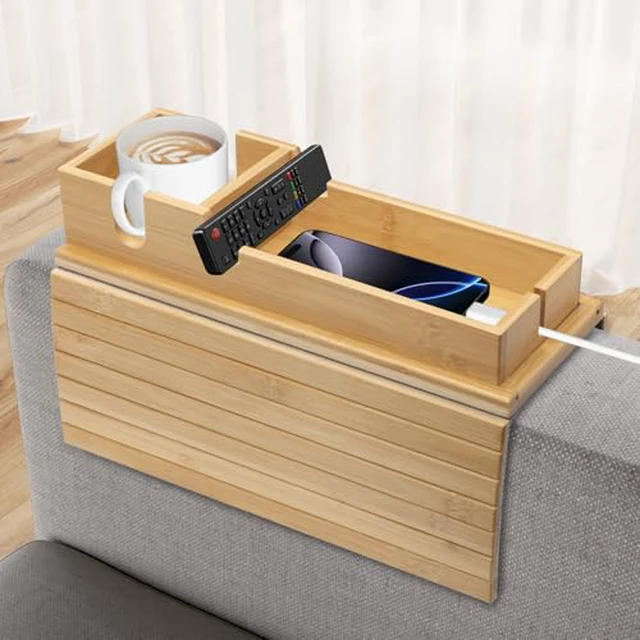 Alt view image 2 of 6 - Bamboo Sofa Armrest Tray - Couch Arm Tray with Detachable Couch Cup Holder - 2 in 1 Anti-Slip Foldable Sofa Armchair Caddy Table - Cup Holder for Drinks Cellphone Snacks, Remote