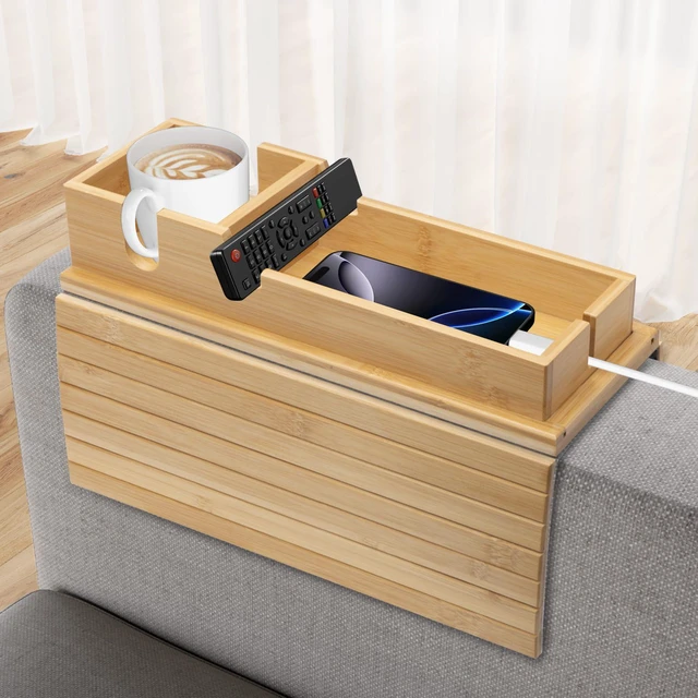 Main image of Bamboo Sofa Armrest Tray - Couch Arm Tray with Detachable Couch Cup Holder - 2 in 1 Anti-Slip Foldable Sofa Armchair Caddy Table - Cup Holder for Drinks Cellphone Snacks, Remote