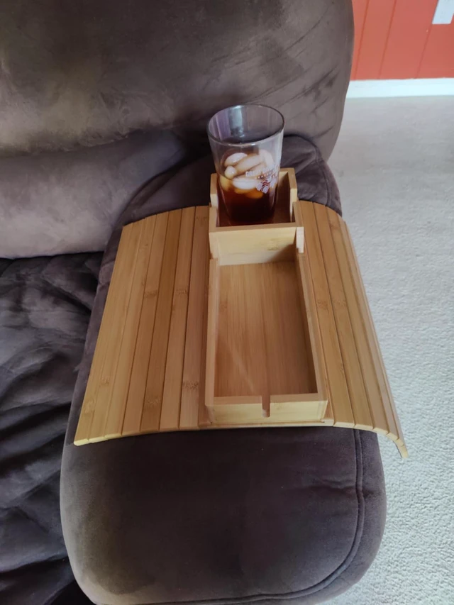 Alt view image 5 of 6 - Bamboo Sofa Armrest Tray - Couch Arm Tray with Detachable Couch Cup Holder - 2 in 1 Anti-Slip Foldable Sofa Armchair Caddy Table - Cup Holder for Drinks Cellphone Snacks, Remote