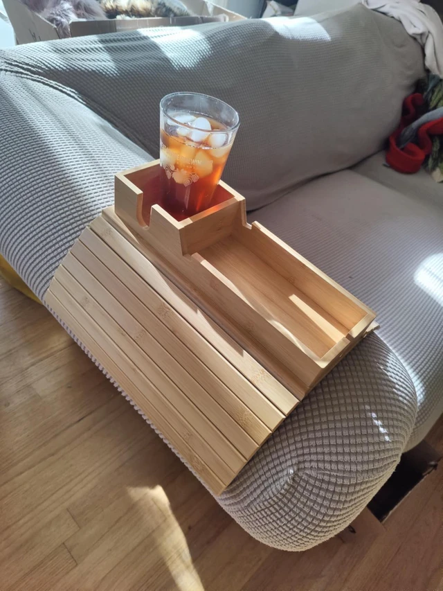 Alt view image 6 of 6 - Bamboo Sofa Armrest Tray - Couch Arm Tray with Detachable Couch Cup Holder - 2 in 1 Anti-Slip Foldable Sofa Armchair Caddy Table - Cup Holder for Drinks Cellphone Snacks, Remote