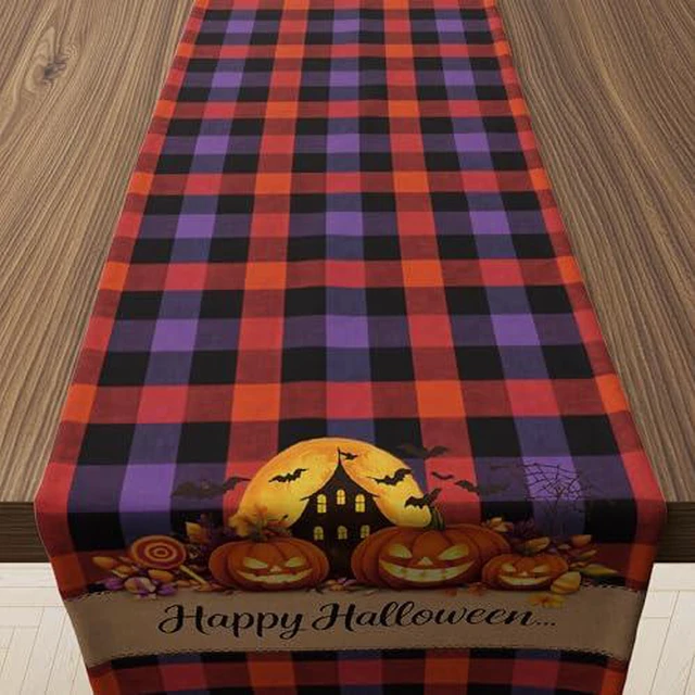 Alt view image 2 of 4 - Halloween Decorations - Happy Halloween Checkered Table Runner | Halloween Party Favors Home Decor - Halloween Tablecloth Backdrop for Fall Kitchen Dining Indoor Outdoor Decorations