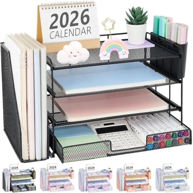 Alt view image 2 of 6 - Desk Organizer, 4-Tier Desktop File Organizer with Drawer and Pen Holders, Office Desk Accessories, File Sorters, Workspace Organizers for Office Supplies(Black)