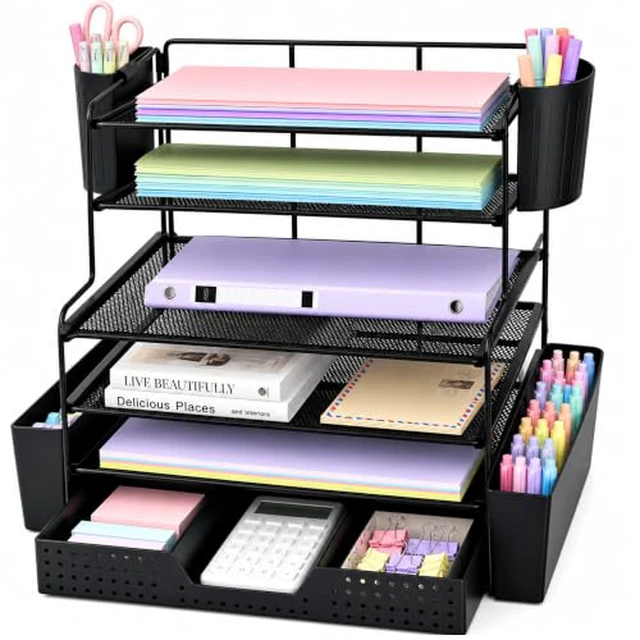 Alt view image 3 of 6 - Desk Organizer, 4-Tier Desktop File Organizer with Drawer and Pen Holders, Office Desk Accessories, File Sorters, Workspace Organizers for Office Supplies(Black)
