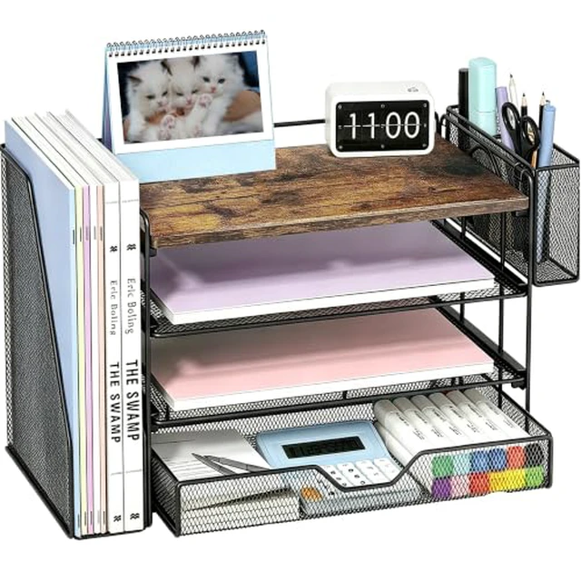 Alt view image 4 of 6 - Desk Organizer, 4-Tier Desktop File Organizer with Drawer and Pen Holders, Office Desk Accessories, File Sorters, Workspace Organizers for Office Supplies(Black)