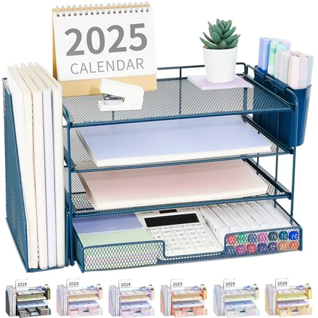 Alt view image 5 of 6 - Desk Organizer, 4-Tier Desktop File Organizer with Drawer and Pen Holders, Office Desk Accessories, File Sorters, Workspace Organizers for Office Supplies(Black)
