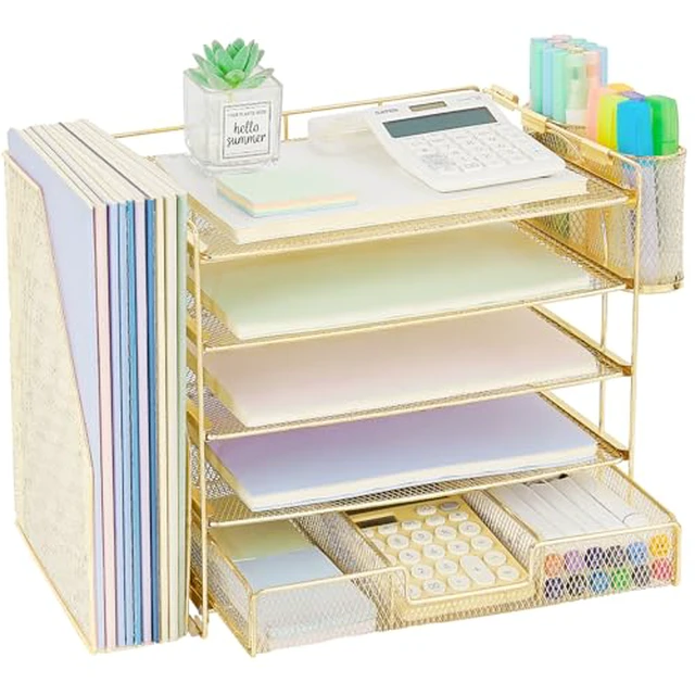 Alt view image 6 of 6 - Desk Organizer, 4-Tier Desktop File Organizer with Drawer and Pen Holders, Office Desk Accessories, File Sorters, Workspace Organizers for Office Supplies(Black)