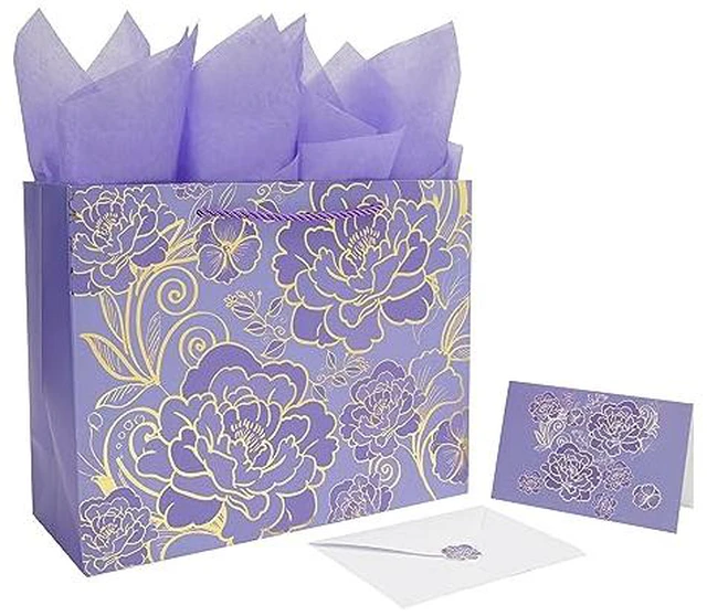 Alt view image 2 of 6 - 13" Large Rose Purple Gift Bag Set with Greeting Card and Tissue Paper for Women or Girls for Celebrating Birthdays, Mother's Day, Valentine's Day, Weddings, Anniversaries