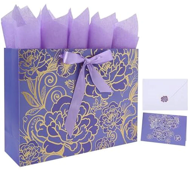 Alt view image 3 of 6 - 13" Large Rose Purple Gift Bag Set with Greeting Card and Tissue Paper for Women or Girls for Celebrating Birthdays, Mother's Day, Valentine's Day, Weddings, Anniversaries