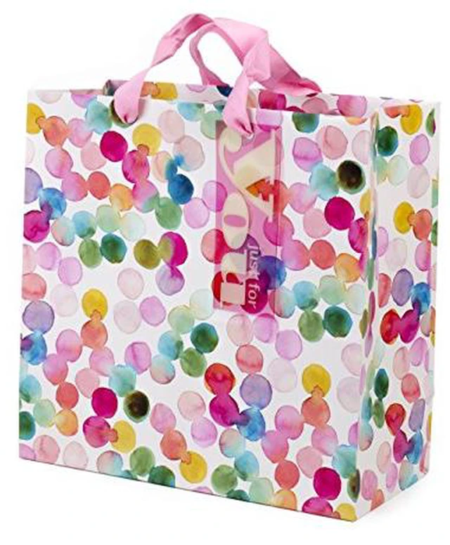 Alt view image 2 of 3 - 10" Large Square Gift Bag (Watercolor Dots, Just for You) for Birthdays, Mothers Day, Easter, Graduations, Retirements and More
