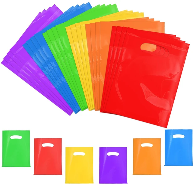 Main image of 24 PCS Plastic Party Favor Small Gift Bags, 6"x8" Goodie Bags for Kids, Candy Treat Pouches Bulk with Handle for Kids' Birthday Party, Thanksgiving, Christmas, Halloween, 6 Colors