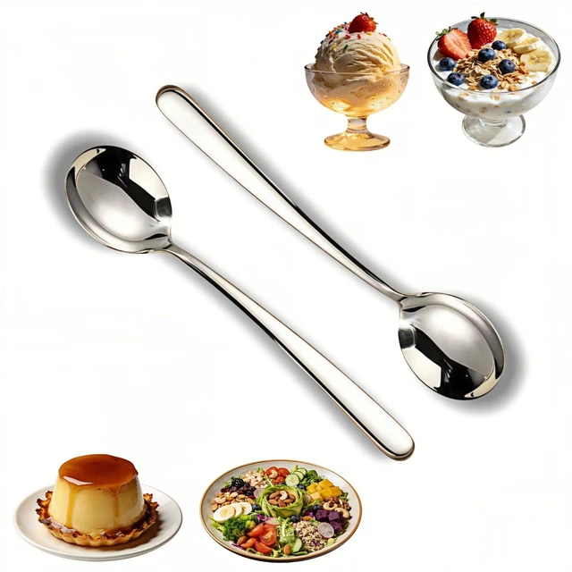 Main image of Stainless Steel Long Handle Spoons, Mirror Polished, 8.15 Inch, Set of 2, Dishwasher Safe, for Rice, Soup, Dessert