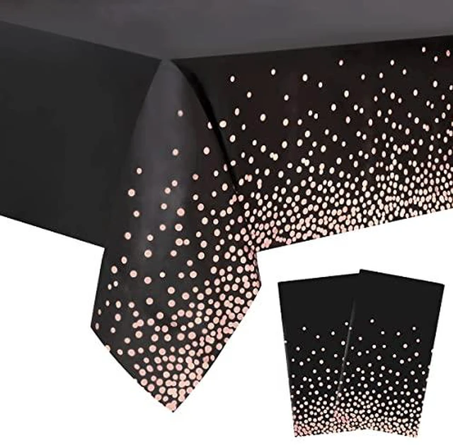 Alt view image 4 of 5 - 2 Packaging Black and Gold Plastic Tablecloth, 54 inch x108 inch Rectangular Disposable dot Party Table Cover, Suitable for Birthday, Graduation, Restaurant, Wedding Decoration Tablecloth