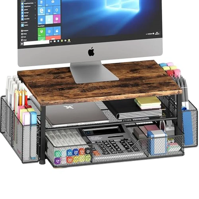 Alt view image 5 of 6 - Desk Organizer and Accessories, 2-Tier Computer Monitor Stand Riser with Drawer and 2 Pen Holders, Laptop Stand, Office Desk Accessories for Office Supplies, Black