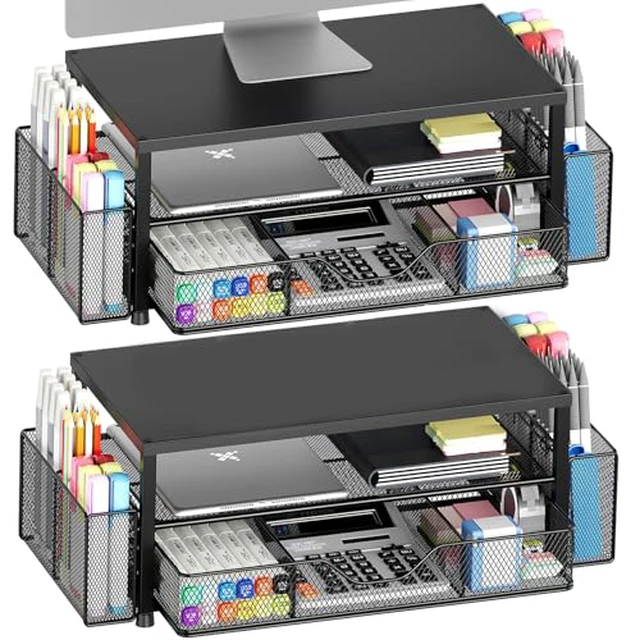 Alt view image 4 of 6 - Desk Organizer and Accessories, 2-Tier Computer Monitor Stand Riser with Drawer and 2 Pen Holders, Laptop Stand, Office Desk Accessories for Office Supplies, Black