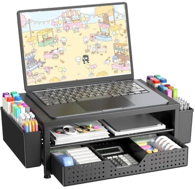 Alt view image 6 of 6 - Desk Organizer and Accessories, 2-Tier Computer Monitor Stand Riser with Drawer and 2 Pen Holders, Laptop Stand, Office Desk Accessories for Office Supplies, Black