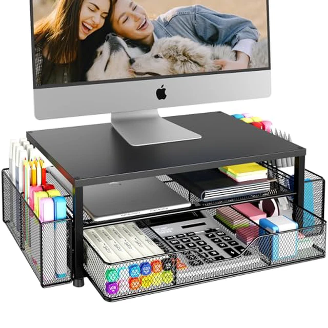 Alt view image 2 of 6 - Desk Organizer and Accessories, 2-Tier Computer Monitor Stand Riser with Drawer and 2 Pen Holders, Laptop Stand, Office Desk Accessories for Office Supplies, Black