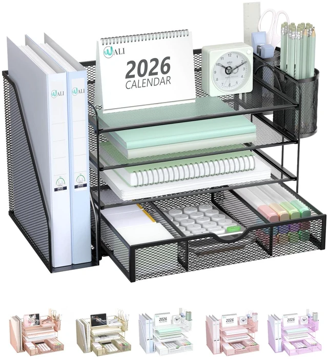 Main image of WALI Desk File Organizer, 4 Tier Desktop Paper Letter Tray Organizer with Drawer and 2 Pen Holders, Office Desk Accessories & Workspace Organizers for Office, Home Supplies(DO005DH-B), 1 Pack, Bla