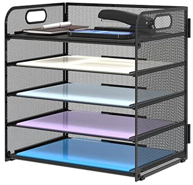 Alt view image 2 of 6 - 5 Trays Paper Organizer Letter Tray with Handle-Mesh Desk File Holders, Paper Sorter Desk Organizer for Office, Home, Classroom or School