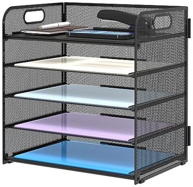 Alt view image 3 of 6 - 5 Trays Paper Organizer Letter Tray with Handle-Mesh Desk File Holders, Paper Sorter Desk Organizer for Office, Home, Classroom or School