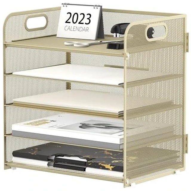 Alt view image 4 of 6 - 5 Trays Paper Organizer Letter Tray with Handle-Mesh Desk File Holders, Paper Sorter Desk Organizer for Office, Home, Classroom or School
