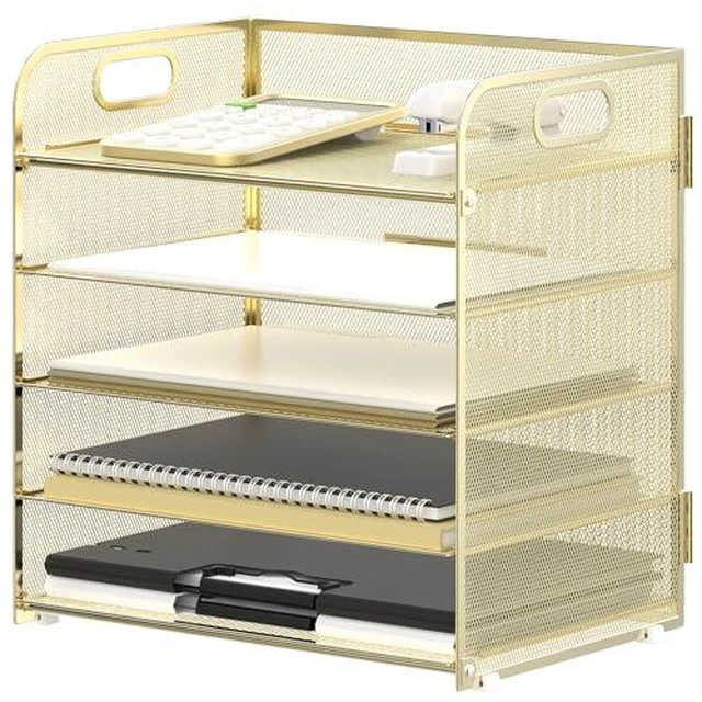 Alt view image 5 of 6 - 5 Trays Paper Organizer Letter Tray with Handle-Mesh Desk File Holders, Paper Sorter Desk Organizer for Office, Home, Classroom or School