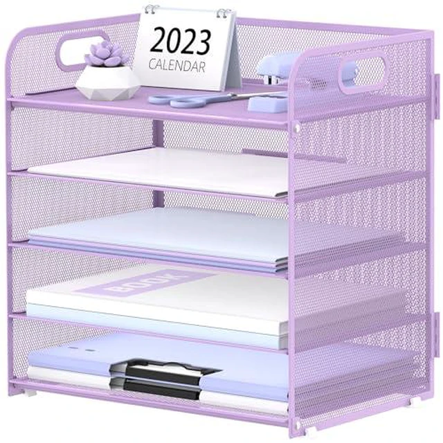 Alt view image 6 of 6 - 5 Trays Paper Organizer Letter Tray with Handle-Mesh Desk File Holders, Paper Sorter Desk Organizer for Office, Home, Classroom or School