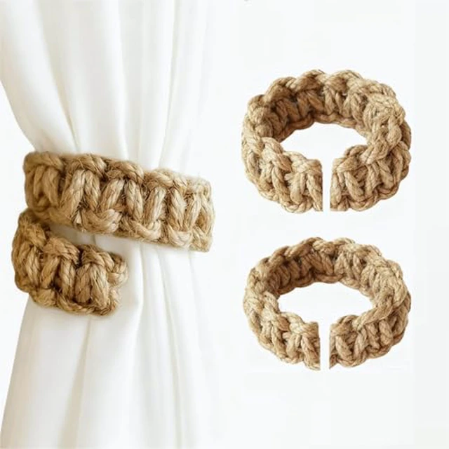 Alt view image 2 of 3 - Brown Braided Boho Rustic Curtain Tiebacks Set of 2 No Drill Holdbacks