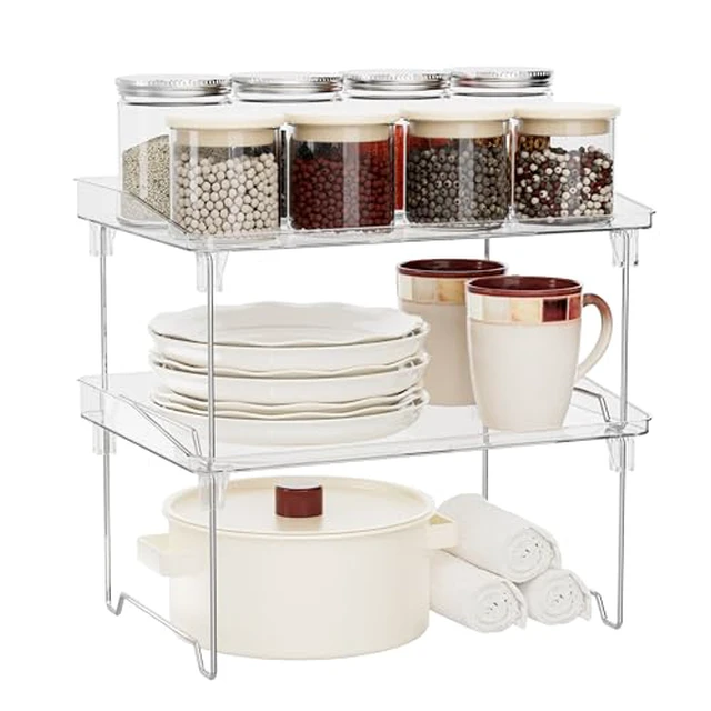 Alt view image 2 of 5 - 2 Pcs Cabinet Organizer Shelf, Stackable Kitchen Counter Shelves, Spice Rack,Countertop Organizers, Clear Plastic Storage Shelves Rack for Makeup,Bathroom,Cupboard,Desk,Pantry Organization