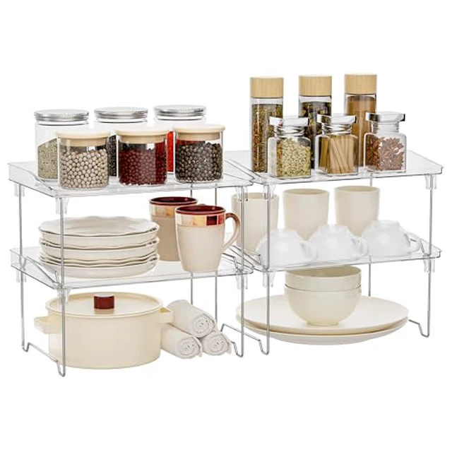 Alt view image 3 of 5 - 2 Pcs Cabinet Organizer Shelf, Stackable Kitchen Counter Shelves, Spice Rack,Countertop Organizers, Clear Plastic Storage Shelves Rack for Makeup,Bathroom,Cupboard,Desk,Pantry Organization