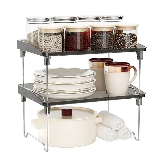 Alt view image 4 of 5 - 2 Pcs Cabinet Organizer Shelf, Stackable Kitchen Counter Shelves, Spice Rack,Countertop Organizers, Clear Plastic Storage Shelves Rack for Makeup,Bathroom,Cupboard,Desk,Pantry Organization