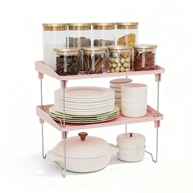 Alt view image 5 of 5 - 2 Pcs Cabinet Organizer Shelf, Stackable Kitchen Counter Shelves, Spice Rack,Countertop Organizers, Clear Plastic Storage Shelves Rack for Makeup,Bathroom,Cupboard,Desk,Pantry Organization