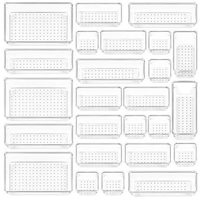 Alt view image 2 of 6 - 25 PCS Clear Plastic Drawer Organizers Set, 4-Size Versatile Bathroom and Vanity Drawer Organizer Trays, Storage Bins for Makeup, Bedroom, Kitchen Gadgets Utensils and Office
