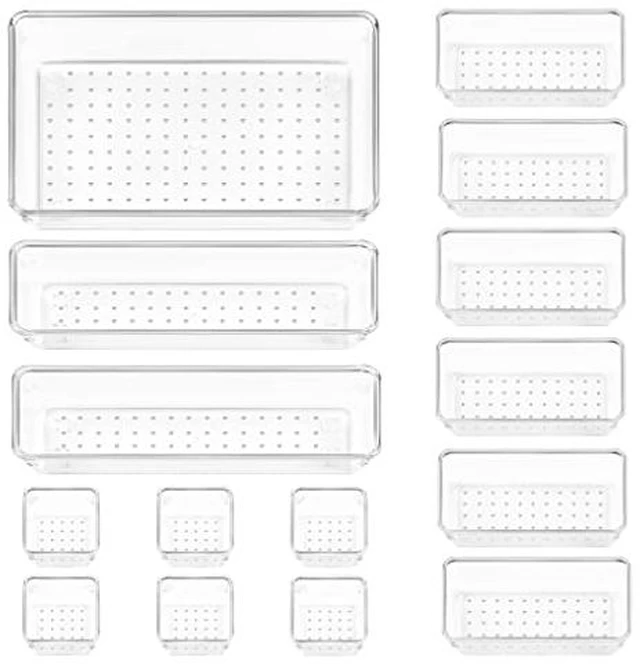 Alt view image 3 of 6 - 25 PCS Clear Plastic Drawer Organizers Set, 4-Size Versatile Bathroom and Vanity Drawer Organizer Trays, Storage Bins for Makeup, Bedroom, Kitchen Gadgets Utensils and Office