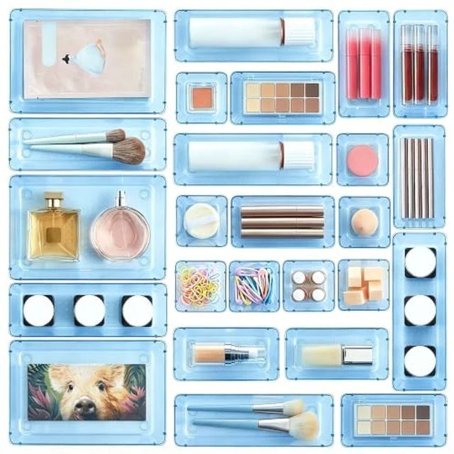 Alt view image 5 of 6 - 25 PCS Clear Plastic Drawer Organizers Set, 4-Size Versatile Bathroom and Vanity Drawer Organizer Trays, Storage Bins for Makeup, Bedroom, Kitchen Gadgets Utensils and Office