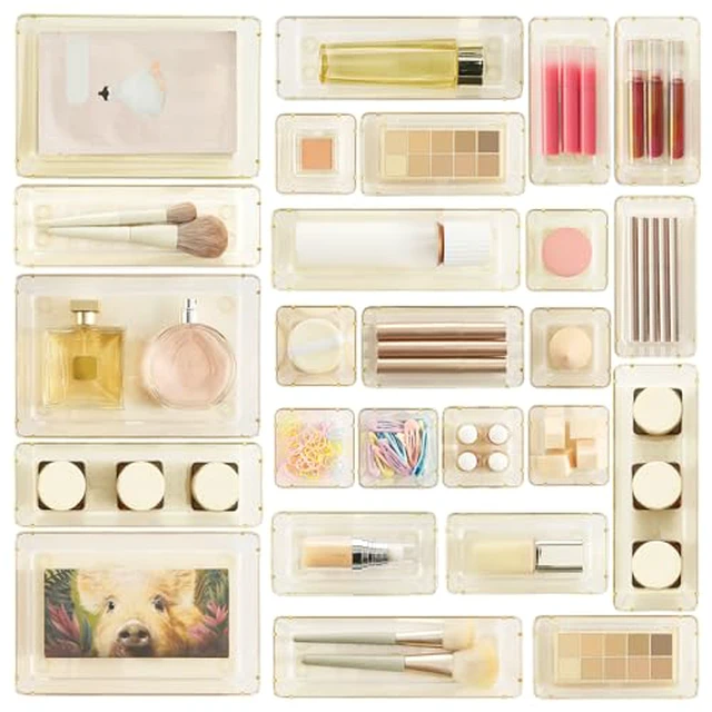Alt view image 6 of 6 - 25 PCS Clear Plastic Drawer Organizers Set, 4-Size Versatile Bathroom and Vanity Drawer Organizer Trays, Storage Bins for Makeup, Bedroom, Kitchen Gadgets Utensils and Office