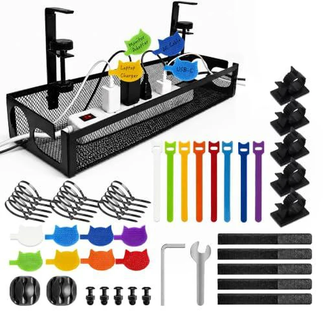 Alt view image 2 of 2 - Under Desk Cable Management Tray, No Drill Clamp-On Metal Mesh Cable Tray, 15.35 Inch Under Desk Cable Tray with Cable Clips for Power Strip, Cords & Desk Setup