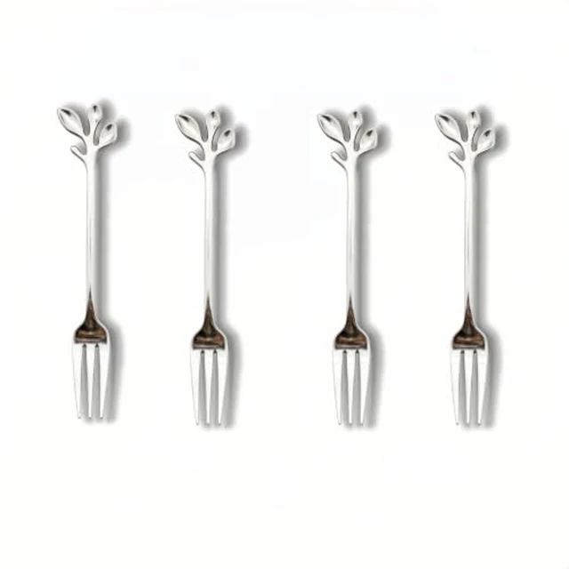 Alt view image 2 of 3 - 4-Piece Silver Mini Leaf Dessert Forks Set - 4.7" Elegant Stainless Steel Fruit, Appetizer, Cake & Salad Forks, Kitchen Accessory Wedding Party - Perfect for Cocktail Parties & Home Use