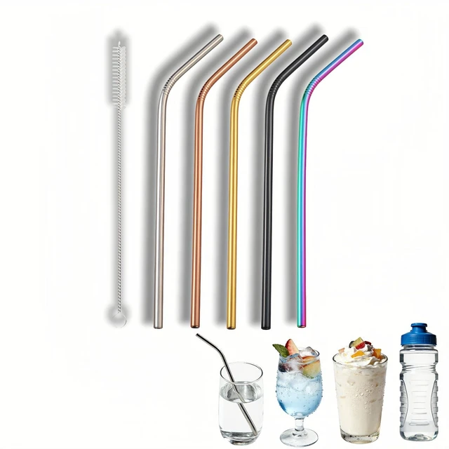 Main image of Reusable Stainless Steel Bent Straws, 5 Pack, 8.5 Inch, Food-Grade Metal Drinking Straws with Cleaning Brush, Silver, Black, Rose Gold, Gold, Iridescent