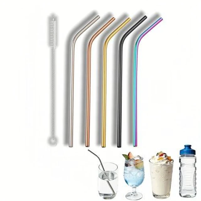 Alt view image 2 of 2 - Reusable Stainless Steel Bent Straws, 5 Pack, 8.5 Inch, Food-Grade Metal Drinking Straws with Cleaning Brush, Silver, Black, Rose Gold, Gold, Iridescent