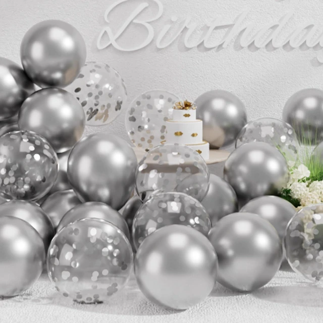 Main image of SUWEN Silver Metallic and Confetti Balloons Set 47PCS Latex Helium