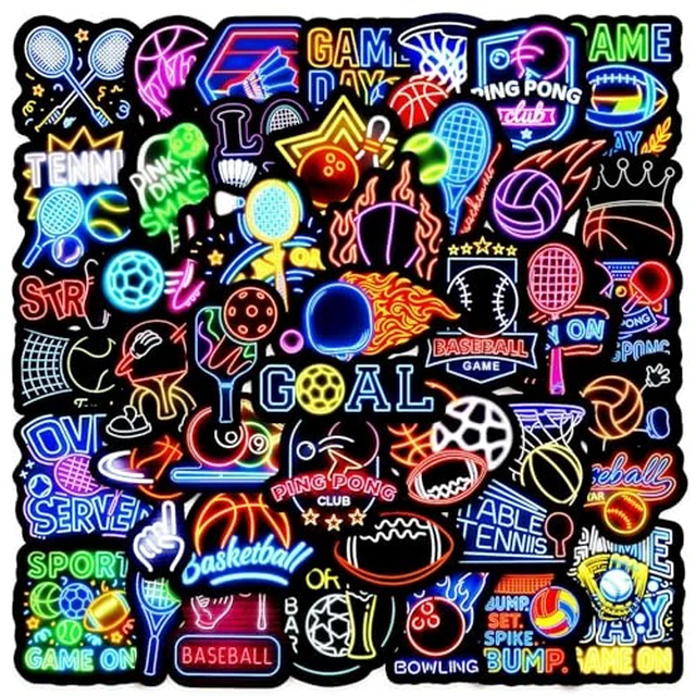 Alt view image 2 of 6 - 50pcs Neon Sports Theme Sticker,Waterproof Vinyl Stickers - Football SoccerDecor & Party Favors Gifts for Laptop, Water Bottle, Skateboard Guitar (Neon Sticker-2)