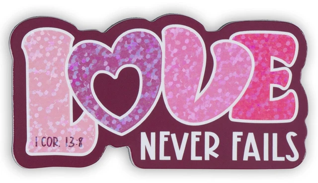 Main image of Christian Art Gifts Inspirational Refrigerator Scripture Magnet for Women and Girls with Bible Verse: Love Never Fails - 1 Corinthians 13:8 Love Shaped, Home & Kitchen Decorations, Size 3" x 1