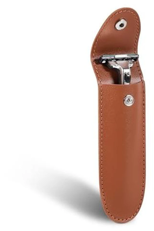 Alt view image 2 of 7 - Safety Razor Travel Case, 5.9 Inches PVC Faux Leather Razor Cover Sleeve with Snap Fastener, Portable Manual Shaver Holder Protector for Most Men Straight Shaver - Brown