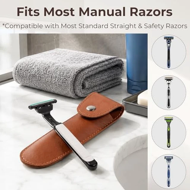 Alt view image 4 of 7 - Safety Razor Travel Case, 5.9 Inches PVC Faux Leather Razor Cover Sleeve with Snap Fastener, Portable Manual Shaver Holder Protector for Most Men Straight Shaver - Brown