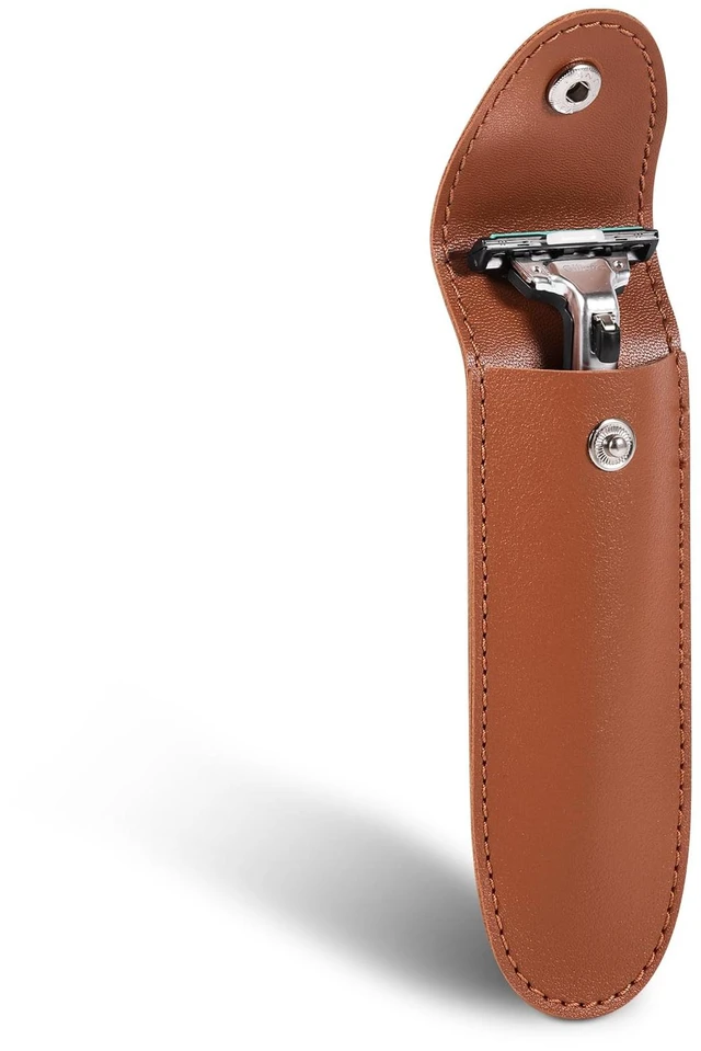 Main image of Safety Razor Travel Case, 5.9 Inches PVC Faux Leather Razor Cover Sleeve with Snap Fastener, Portable Manual Shaver Holder Protector for Most Men Straight Shaver - Brown