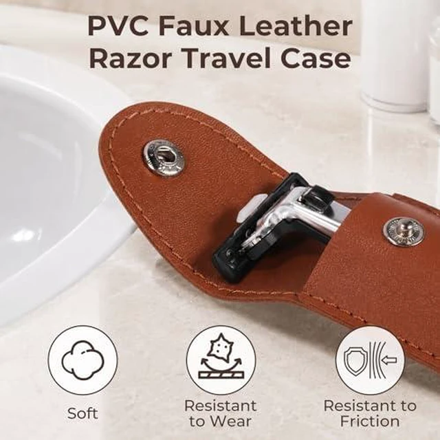 Alt view image 5 of 7 - Safety Razor Travel Case, 5.9 Inches PVC Faux Leather Razor Cover Sleeve with Snap Fastener, Portable Manual Shaver Holder Protector for Most Men Straight Shaver - Brown