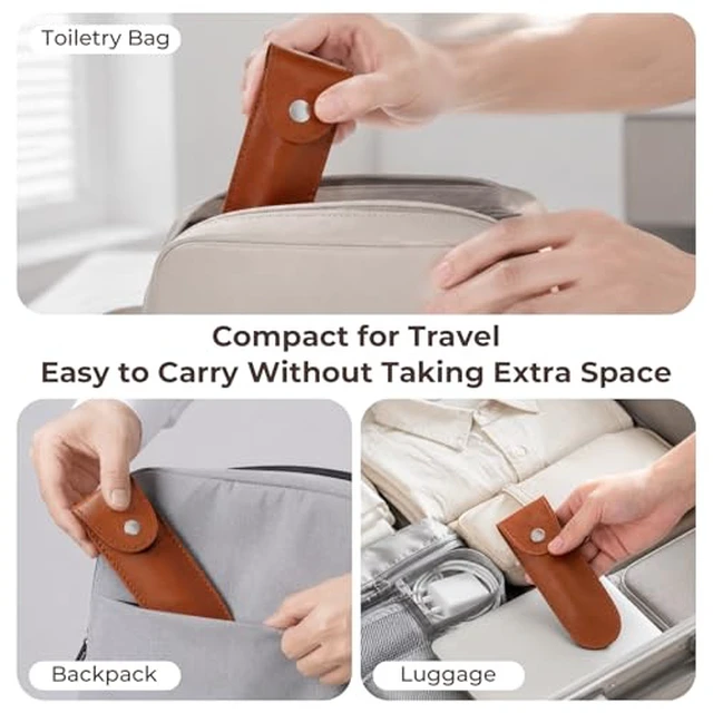 Alt view image 6 of 7 - Safety Razor Travel Case, 5.9 Inches PVC Faux Leather Razor Cover Sleeve with Snap Fastener, Portable Manual Shaver Holder Protector for Most Men Straight Shaver - Brown