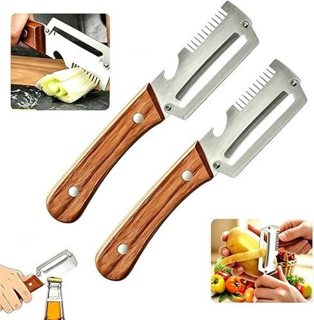Alt view image 3 of 3 - 3-in-1 Multifunctional Vegetable Peeler with wooden grip, integrated grater and bottle opener. Practical kitchen tool for peeling, grating and opening bottles, perfect for fruits & vegetables. (1